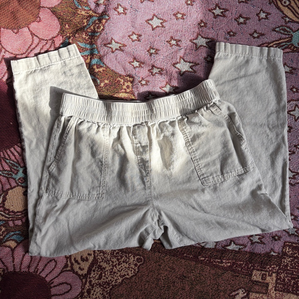 Calvin Klein Off-White Linen Blend Casual Cropped Drawstring Lounge Pants Medium